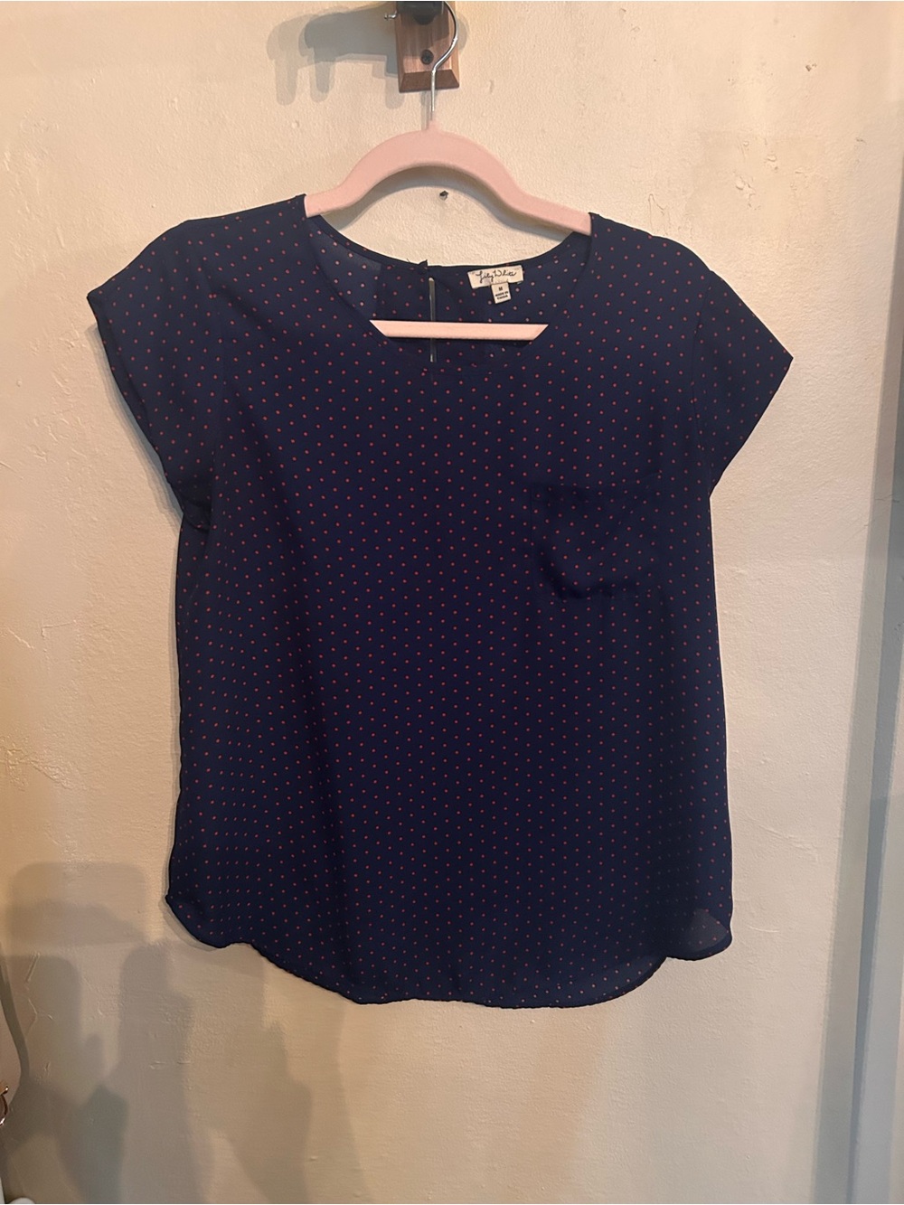 Lily White Navy Blouse with Pink Polka Dots